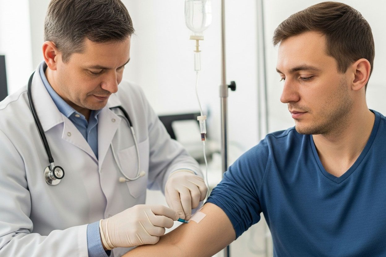 Процедура детоксикационной инфузии Врач ставит капельницу пациенту в палате